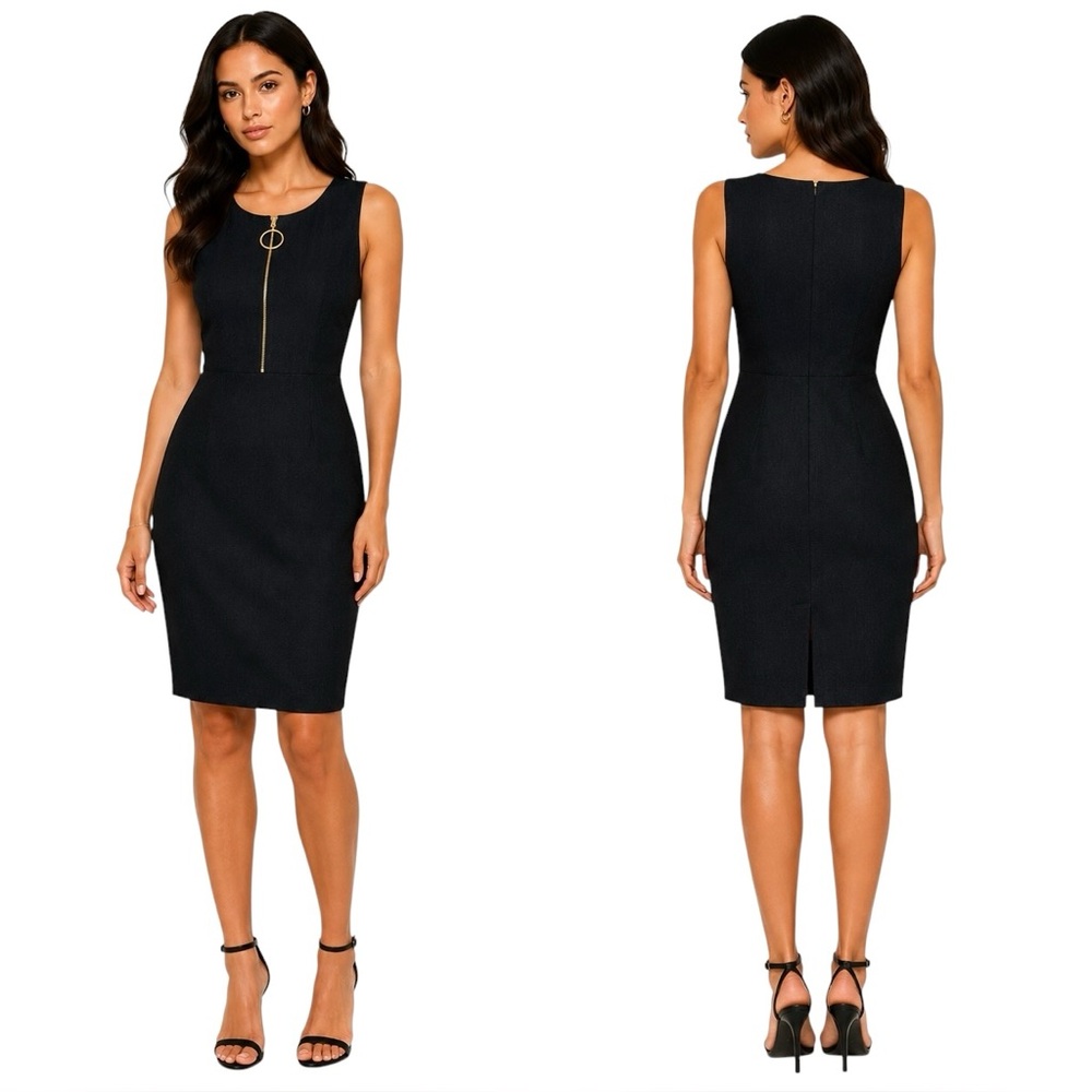Calvin Klein Navy Sheath Dress Size 2 Gold Ring Zip Sleeveless Career Office